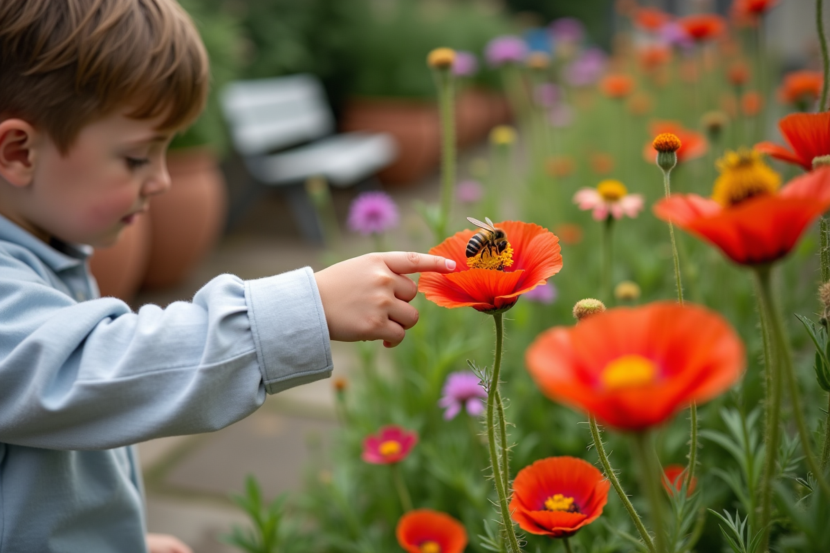 Jeune garçon pointant une abeille sur des coquelicots et echinaceas
