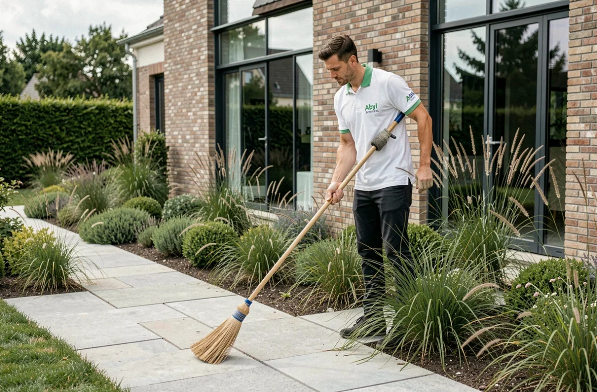 Agent d'Abyl Services Jardins balayant une allée pavée dans un jardin moderne du Pas-de-Calais