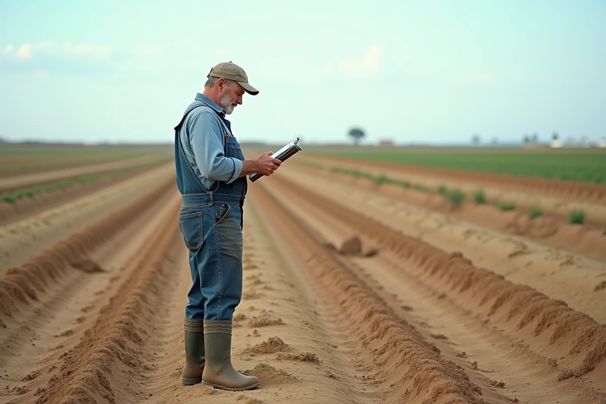 Agriculteur espagnol inspectant ses cultures dans un champ aride de Castille, tenant un carnet de notes, illustration d'un article sur le glyphosate en Espagne