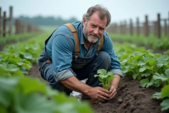 Agriculteur examinant la floraison des plants de pommes de terre dans un champ pour estimer le moment de la récolte