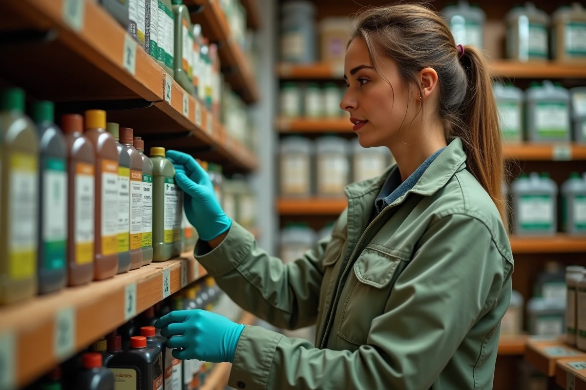 Agronome féminine lisant une étiquette de produit herbicide dans une coopérative agricole espagnole, rayons de produits phytosanitaires en arrière-plan