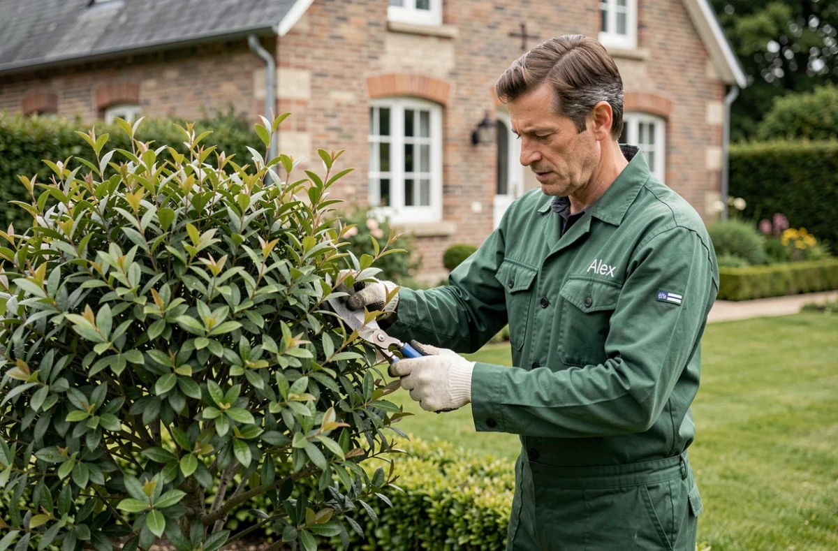 Jardinier d'Alexandre Vivard - Société Alex taillant un arbuste dans un jardin résidentiel du Pas-de-Calais