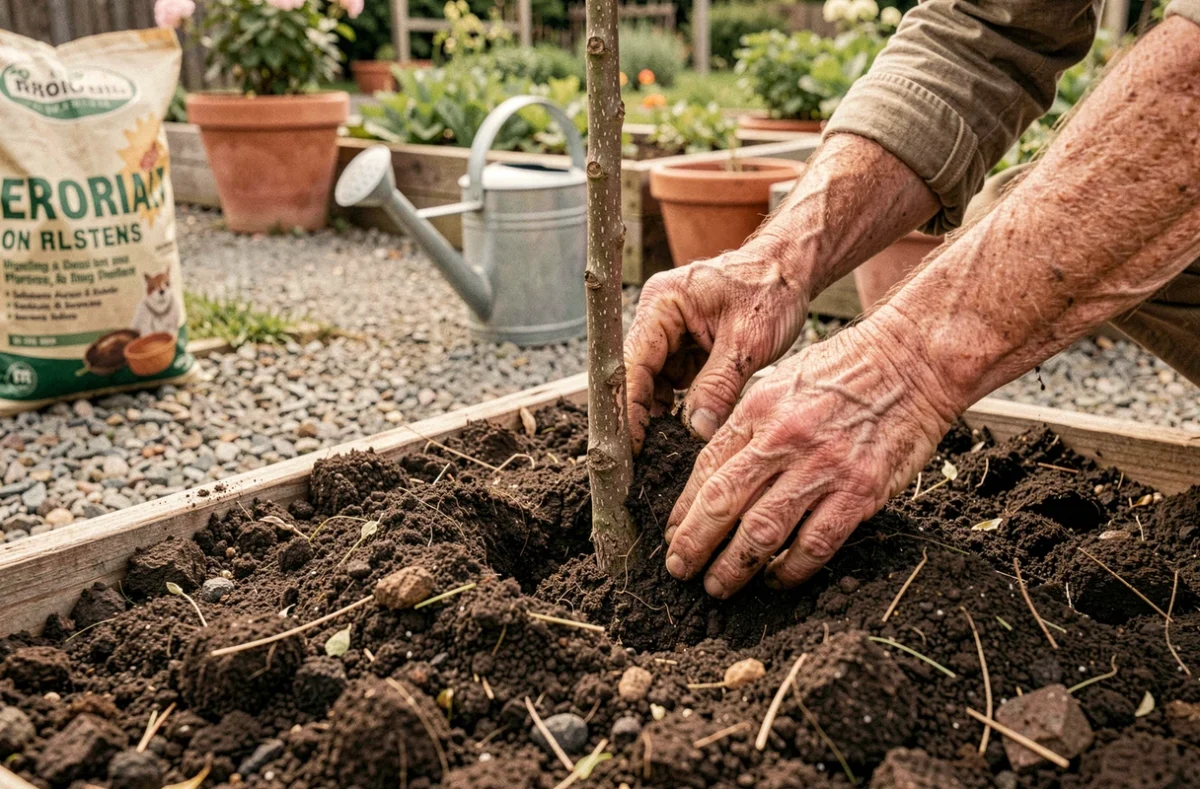 Mains d'un jardinier expérimenté amendant le sol autour d'un mûrier platane fraîchement planté