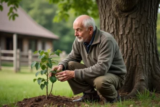 Homme âgé plantant un jeune noisetier dans un jardin rural