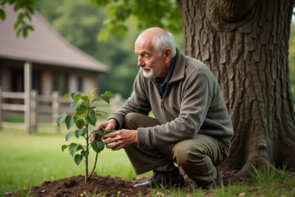 Homme âgé plantant un jeune noisetier dans un jardin rural