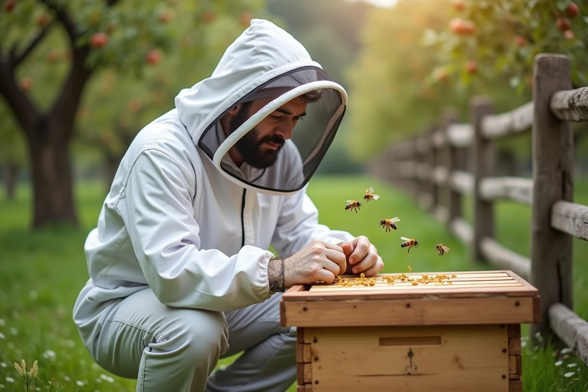 Apiculteur en combinaison de protection blanche inspectant l'entrée d'une ruche en bois dans un verger pour protéger ses abeilles des frelons asiatiques