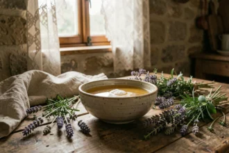 Appât naturel maison contre les mouches dans une cuisine de maison de campagne française avec vinaigre de cidre et herbes aromatiques