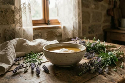 Appât naturel maison contre les mouches dans une cuisine de maison de campagne française avec vinaigre de cidre et herbes aromatiques