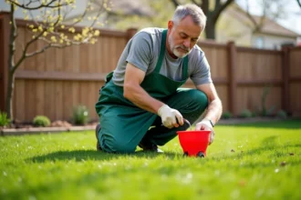 Homme appliquant un herbicide sélectif granulaire sur une pelouse au printemps avec un épandeur rouge dans un jardin résidentiel