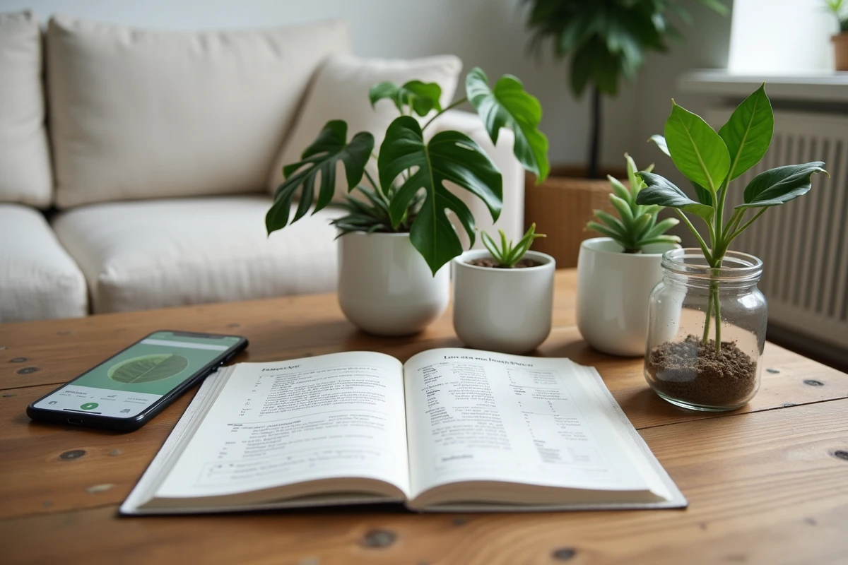 Smartphone affichant l'application PlantNet posé sur une table en bois entouré de plantes d'intérieur dans un appartement minimaliste