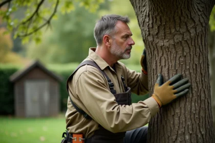 Homme arboriste examinant l'écorce d'un vieux chêne dans un jardin
