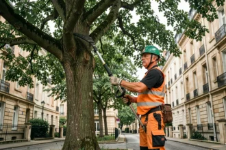 Arboriste professionnel en train d'élaguer un grand arbre dans une rue résidentielle de Tours