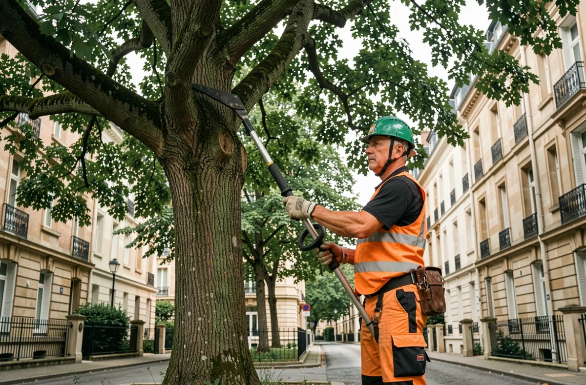 Arboriste professionnel en train d'élaguer un grand arbre dans une rue résidentielle de Tours
