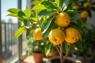 Arbre citronnier en pot sur balcon ensoleille avec feuilles brillantes