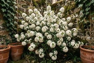 Arbuste à fleurs blanches en floraison printanière dans un coin ombragé d'un jardin à la française avec un vieux mur en pierre