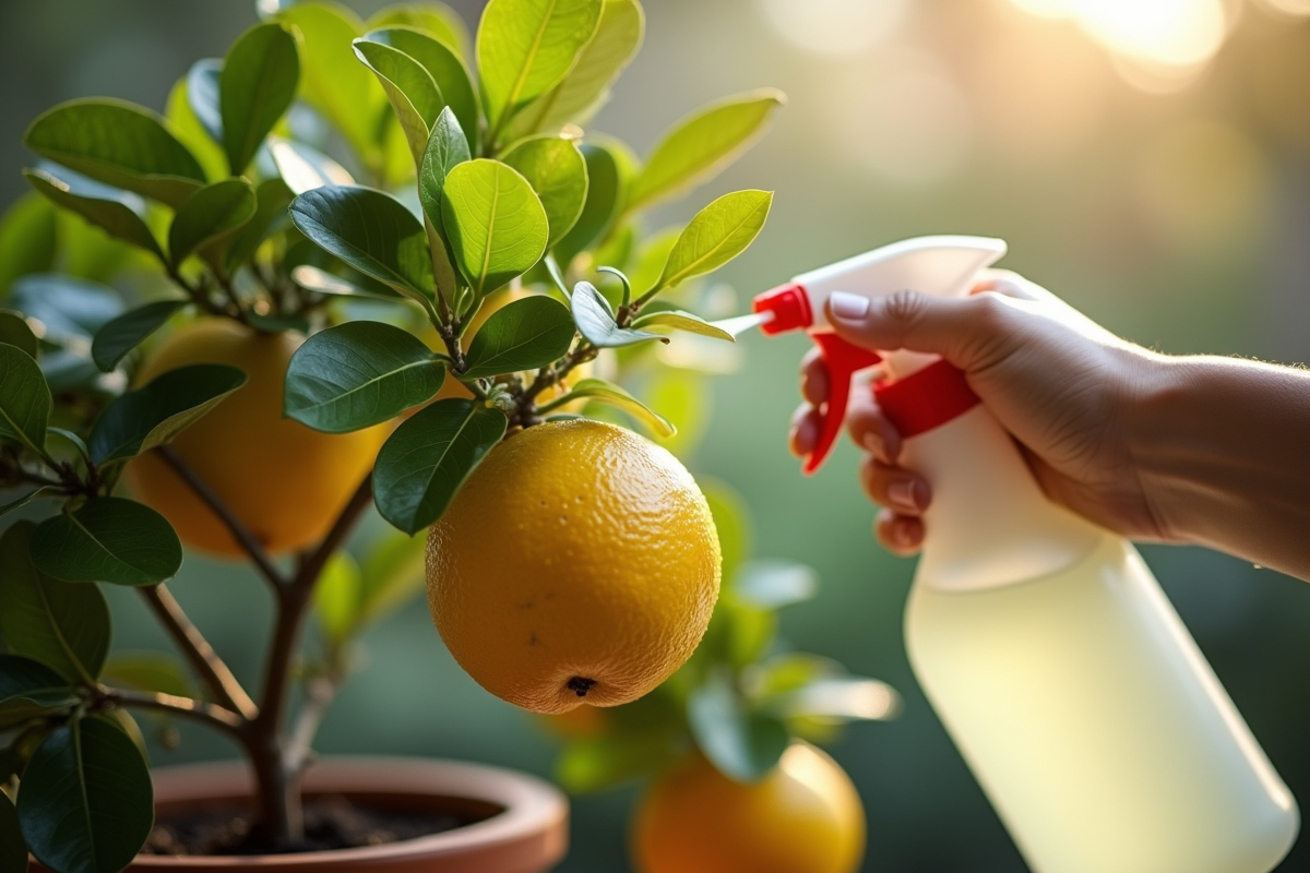 Mains aspergeant une solution bio sur un citronnier en pot