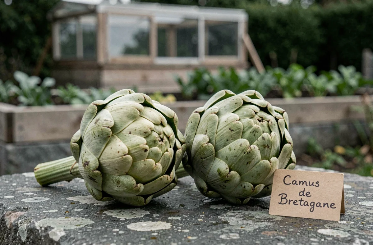 Deux artichauts Camus de Bretagne fraîchement coupés posés sur une surface en pierre dans un potager du nord de la France