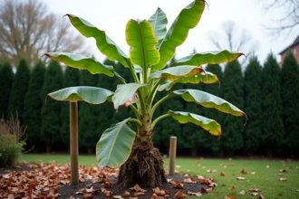 Bananier Musa basjoo planté en pleine terre dans un jardin tempéré en automne avec des feuilles légèrement gelées