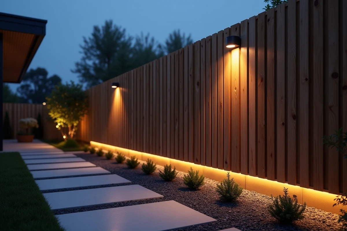 Bande LED solaire installée en bas d'une clôture moderne en bois composite au crépuscule