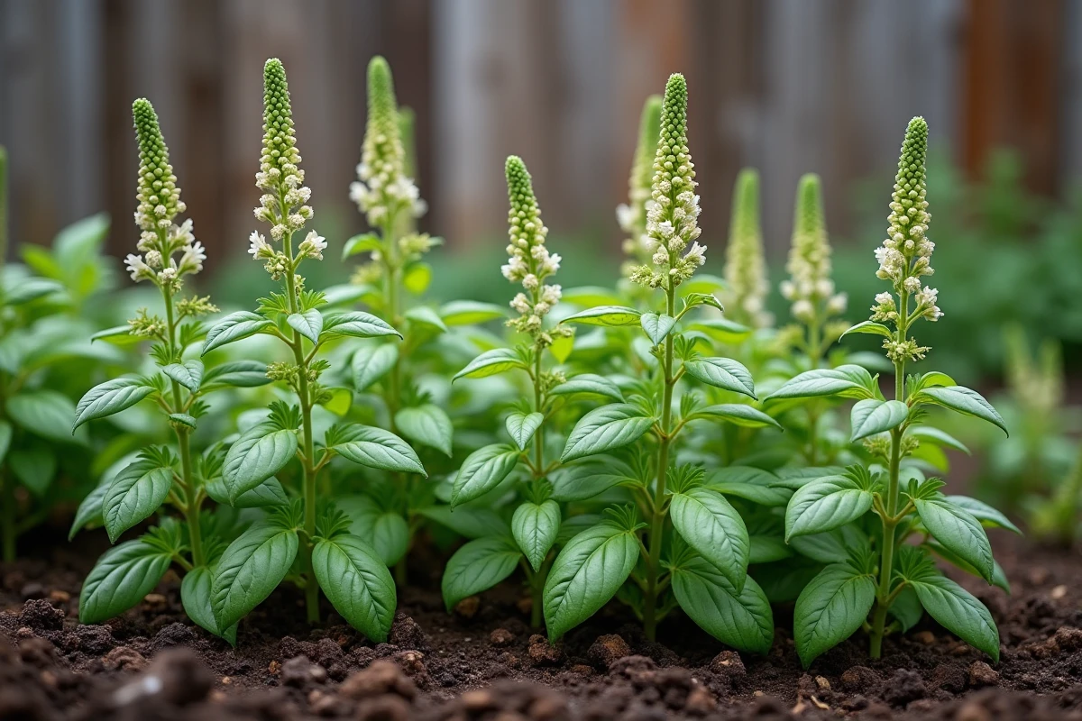 Plants de basilic en fleurs dans un potager avec tiges montées en graines et feuilles vertes fraîches