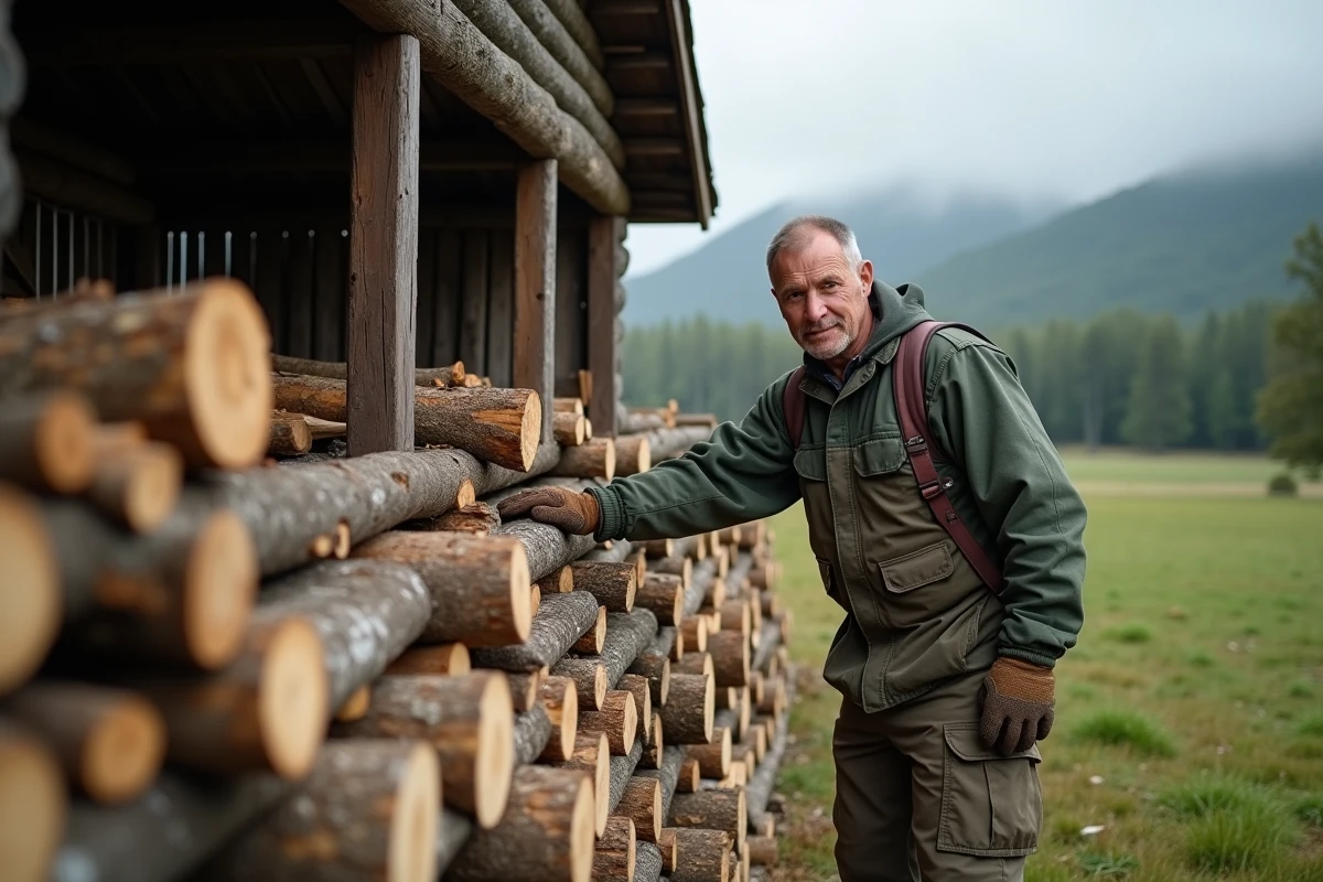 Homme d'âge moyen empilant du bois dans un cadre rural