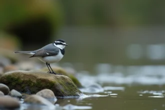 Bergeronnette grise perchée sur une pierre au bord d'une rivière, queue frétillante, photographiée en milieu naturel