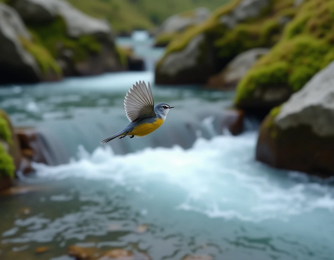 Bergeronnette des ruisseaux en vol au-dessus d'un torrent de montagne, ailes déployées visibles en détail