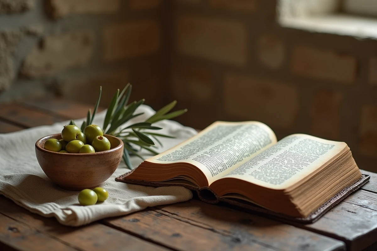Bible ouverte posée sur une table en bois avec des olives fraîches et des feuilles d'olivier, évoquant la signification spirituelle de l'olivier dans les textes sacrés