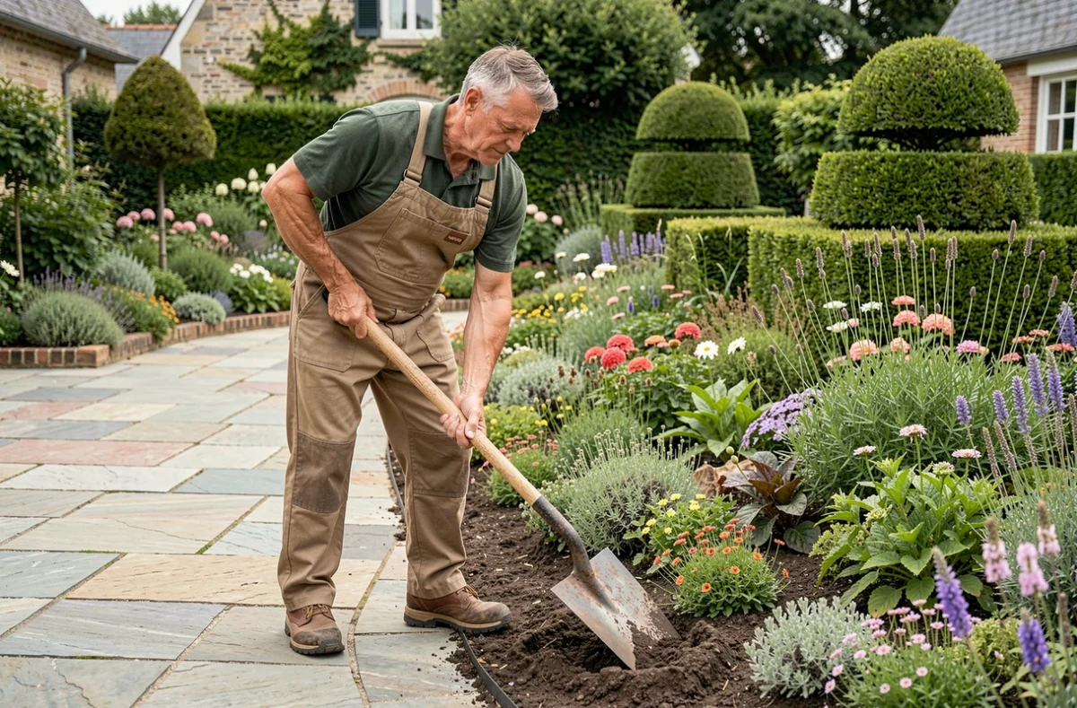 Jardinier Bigot délimitant une bordure de massif fleuri dans un jardin du Pas-de-Calais