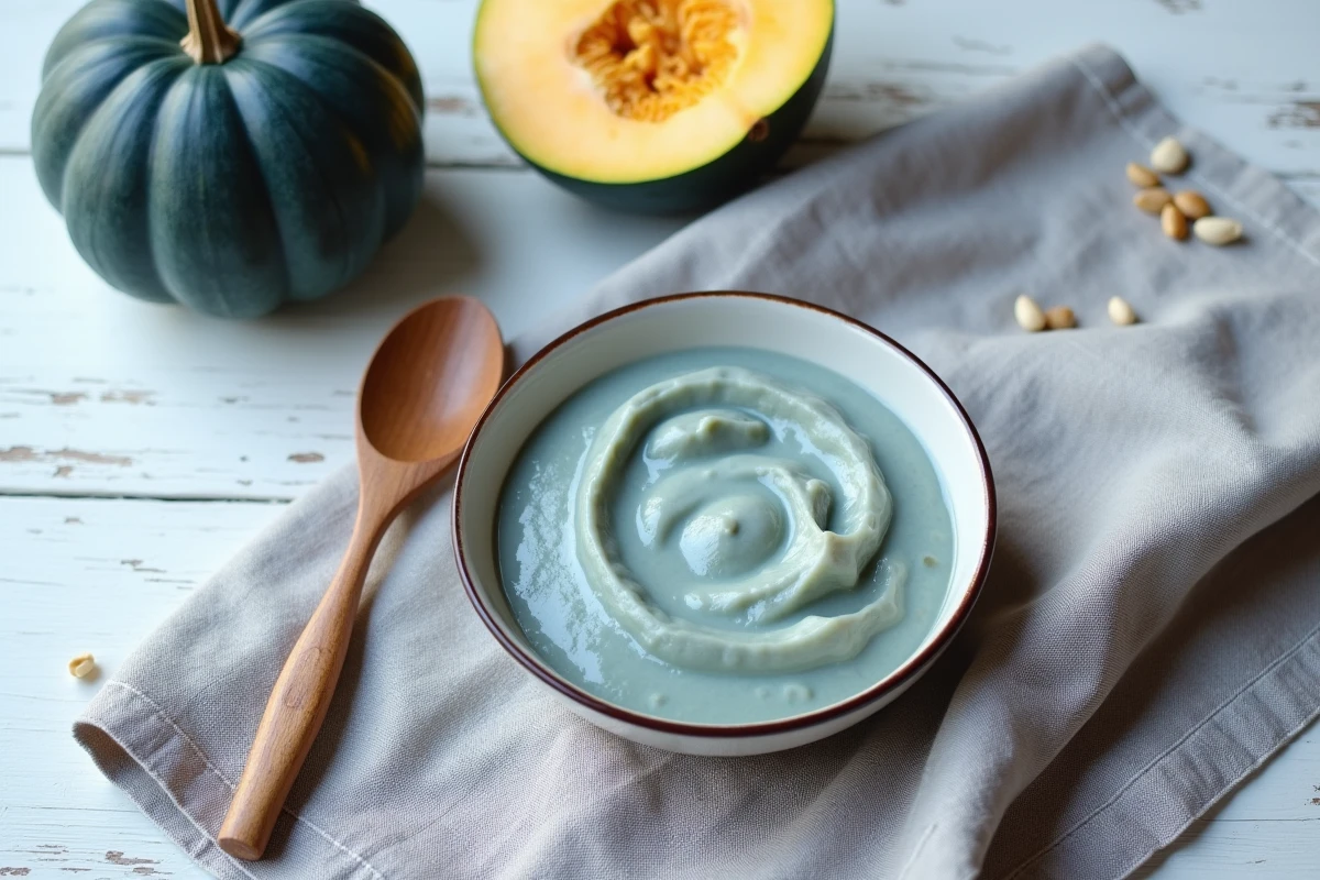 Bol de purée de courge bleue maison pour bébé entouré de légumes frais sur table en bois rustique