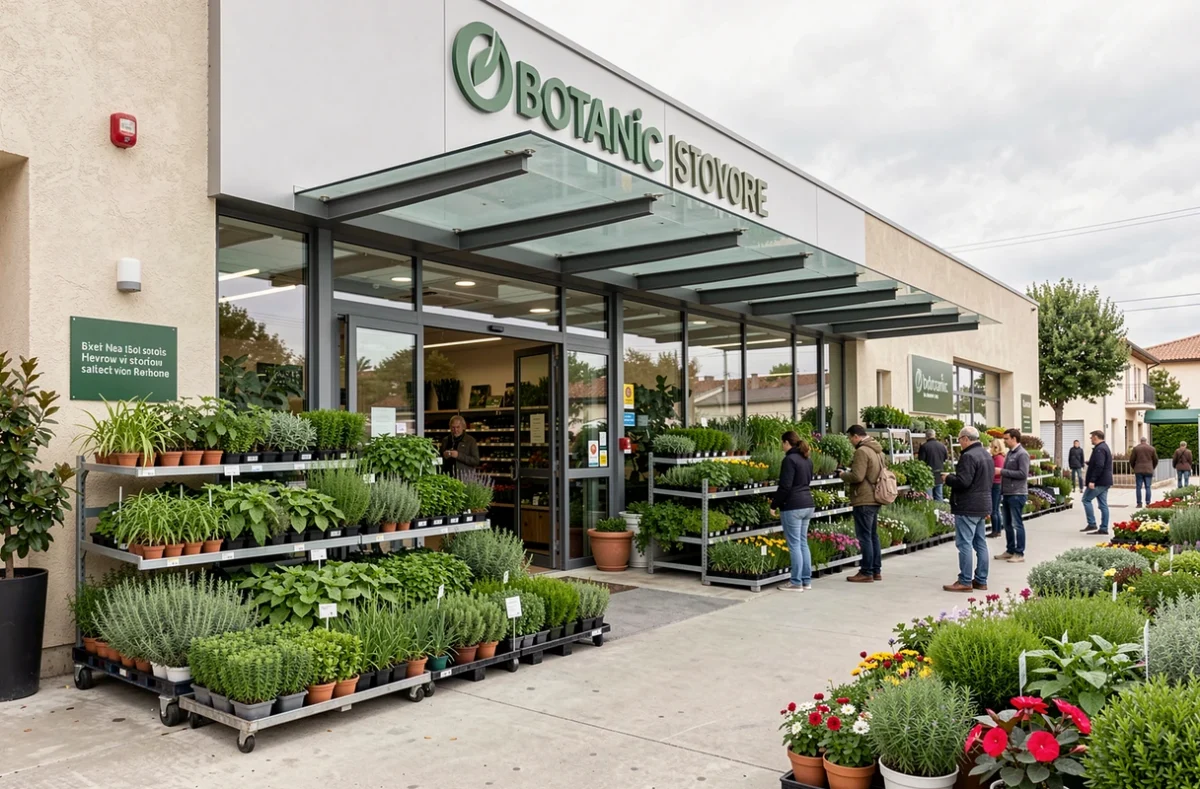 Façade du magasin Botanic à Aix-en-Provence avec des plantes exposées à l'entrée et des clients qui les examinent