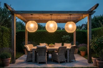 Boules lumineuses suspendues sous une pergola en bois dans un jardin au crépuscule, ambiance chaleureuse et cosy pour terrasse extérieure