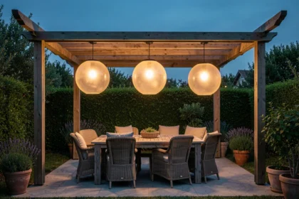 Boules lumineuses suspendues sous une pergola en bois dans un jardin au crépuscule, ambiance chaleureuse et cosy pour terrasse extérieure