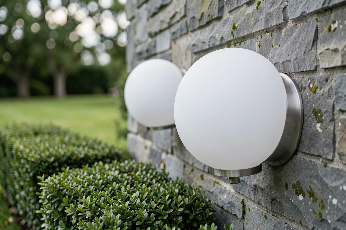 Boules d'éclairage extérieur en polycarbonate blanc fixées sur un mur en pierre de jardin avec supports en inox brossé