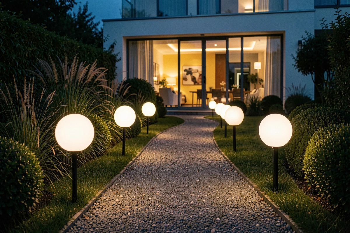 Allée de jardin balisée par des boules lumineuses sur piquet en métal noir, chemin en gravier menant vers une maison contemporaine la nuit