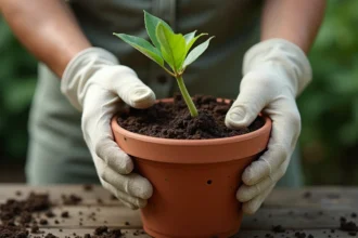 Bouture de pivoine arbustive plantée dans un pot en terre cuite par des mains gantées sur un établi de jardinage