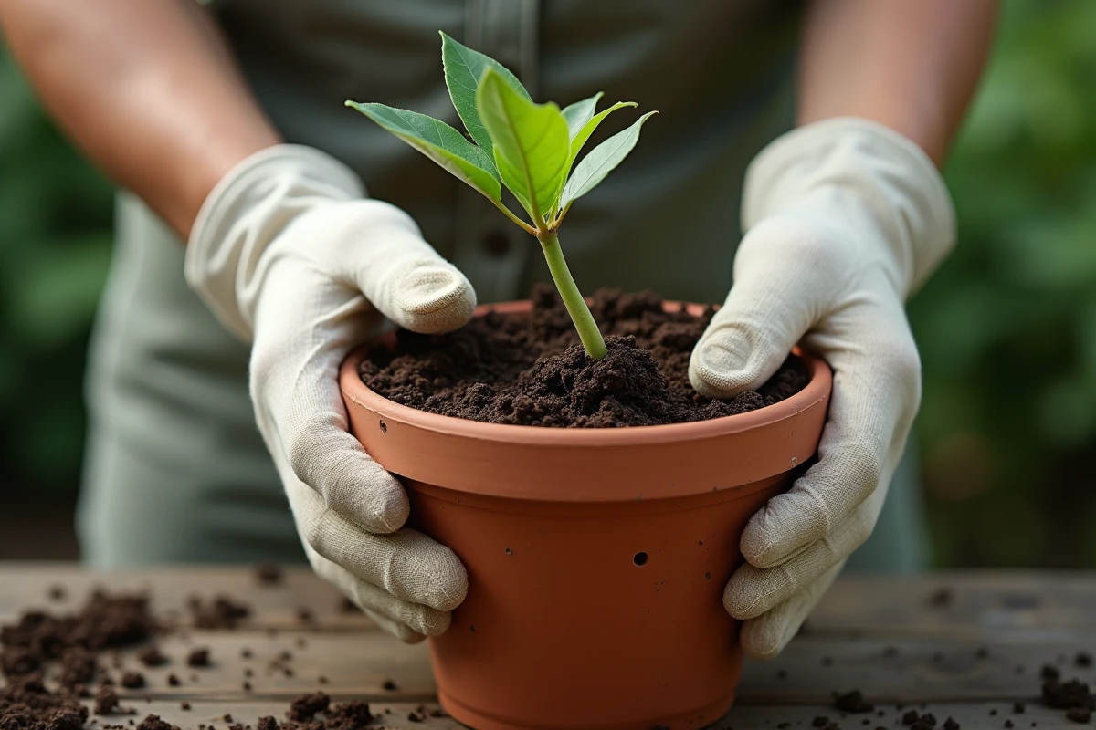 Bouture de pivoine arbustive plantée dans un pot en terre cuite par des mains gantées sur un établi de jardinage
