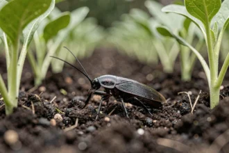 Cafard de jardin noir en gros plan sur la terre humide d'un potager entre des jeunes plants de légumes