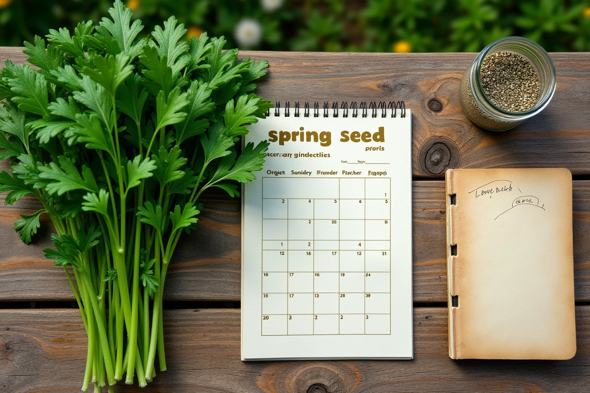 Vue de dessus d'un calendrier de semis de persil, graines et persil frais sur une table de jardin en bois
