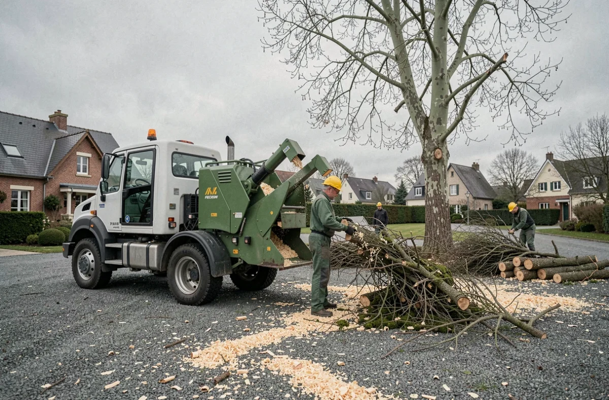 Camion d'élagage et broyeur à branches sur une allée gravillonnée avec des élagueurs au travail près d'un peuplier dans une propriété résidentielle du Val-d'Oise