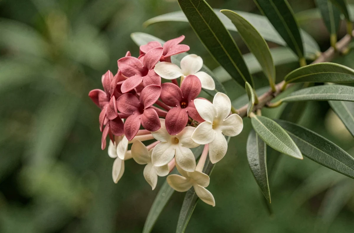 Gros plan sur les fleurs en cire du Chamelaucium Geraldton Wax avec pétales roses et blancs détaillés