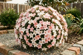 Arbuste Chamelaucium uncinatum Geraldton Wax en pleine floraison dans un jardin résidentiel avec fleurs roses et blanches