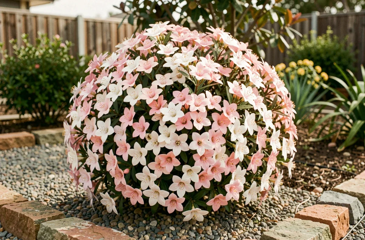 Arbuste Chamelaucium uncinatum Geraldton Wax en pleine floraison dans un jardin résidentiel avec fleurs roses et blanches