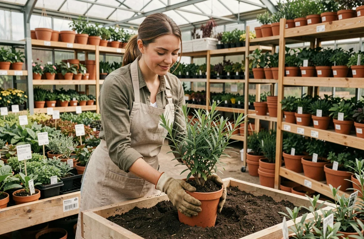 Femme jardinière plantant un Chamelaucium Geraldton Wax en pot dans un jardin ou une pépinière