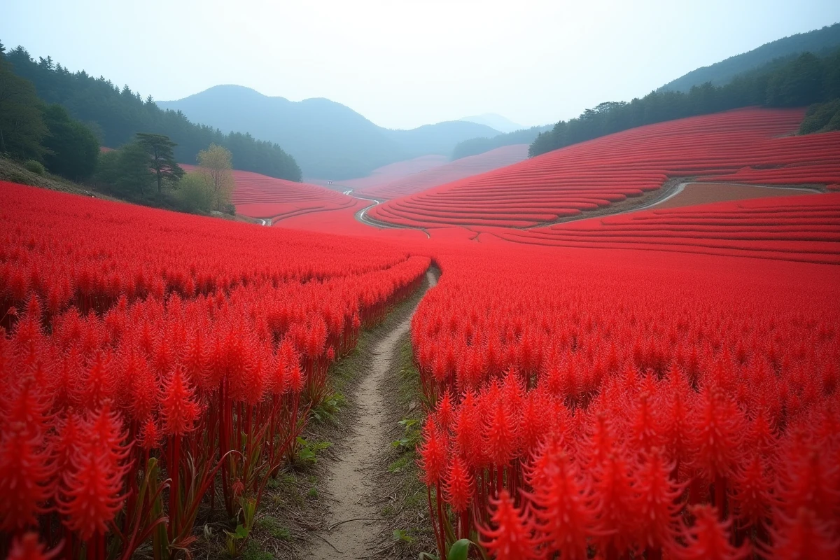 Vaste champ de fleurs de Lycoris radiata rouge couvrant une colline en terrasses dans la campagne japonaise en automne