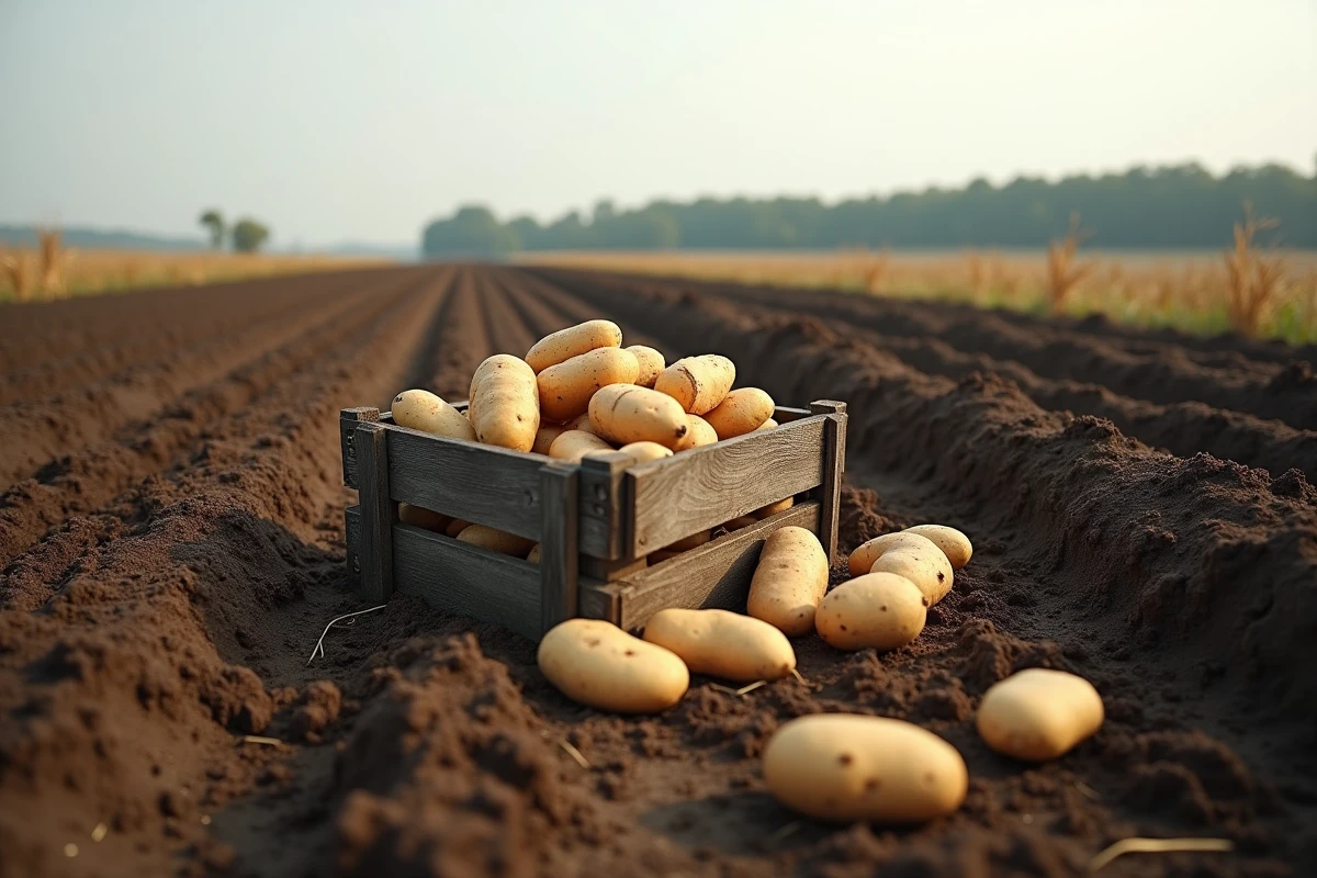 Vue large d'un champ de pommes de terre après récolte avec des tubercules épars sur le sol et une caisse en bois remplie