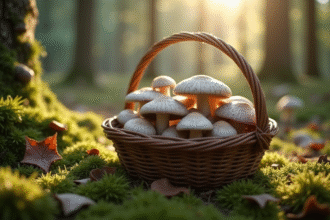 Champignons chanterelle grise dans un panier tissé en forêt