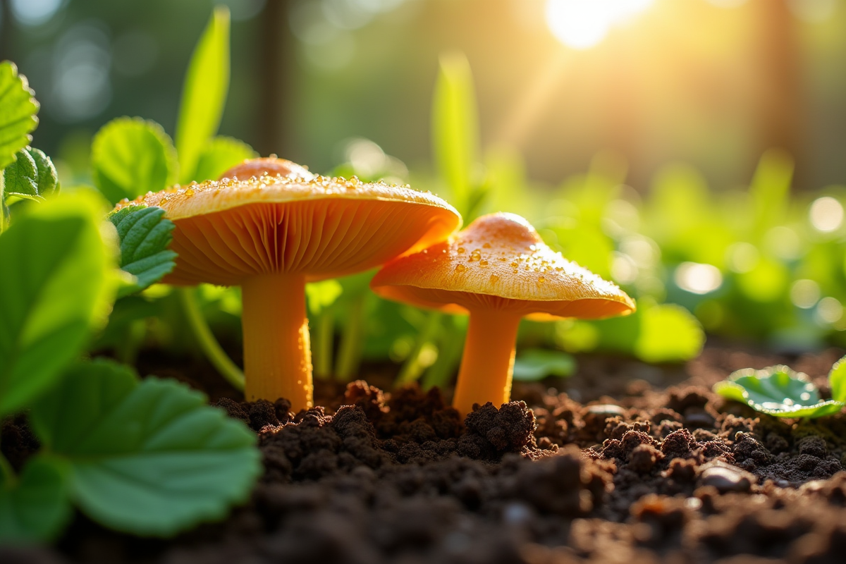 Champignons chanterelles dans un jardin verdoyant ensoleille