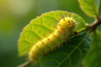 Chenille jaune et verte accrochée sous une feuille de pommier dans un verger en été