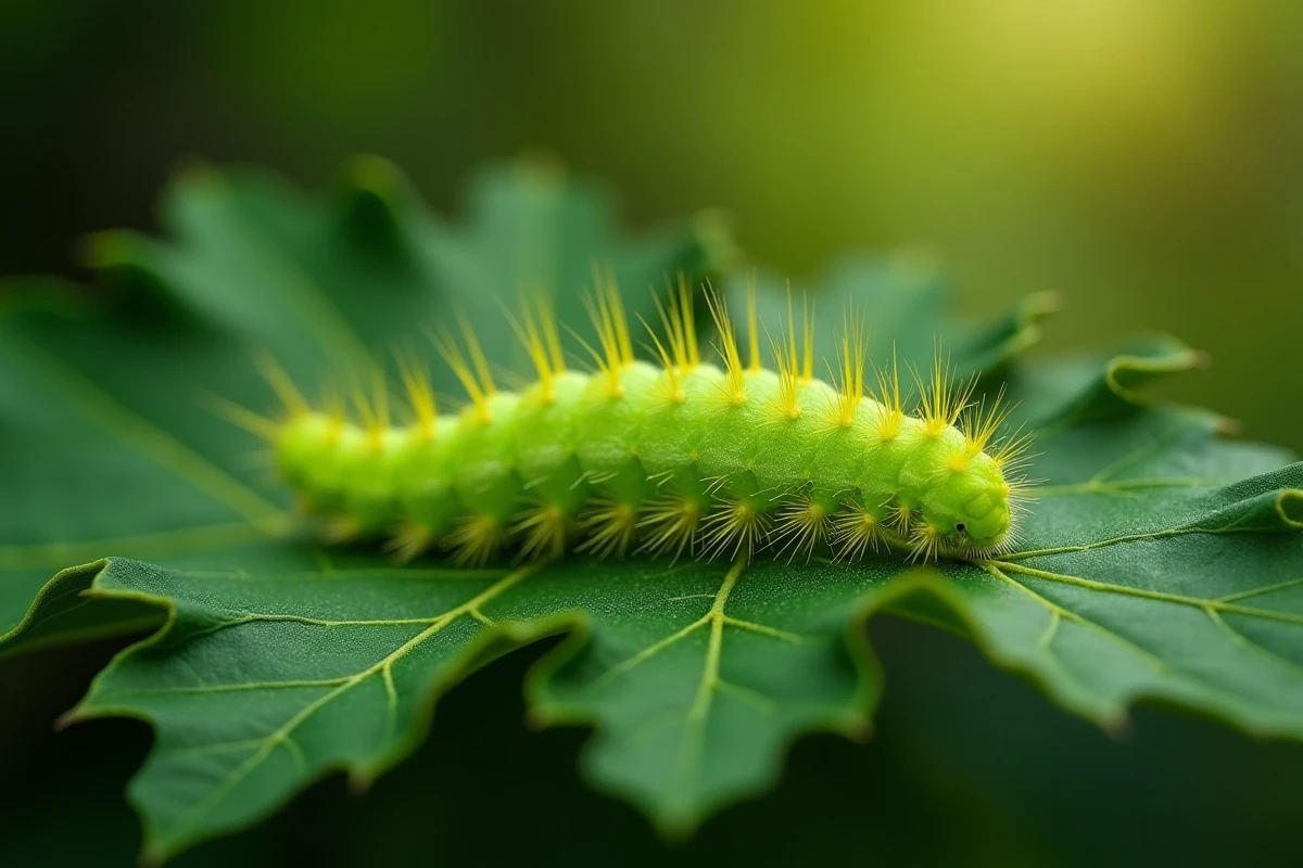 Chenille verte avec poils urticants sur une feuille de chêne dans un jardin